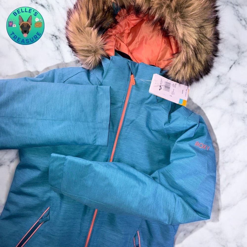 Roxy American Pie Solid Snow Jacket Girls 16 XXL Teal Faux Fur Winter Coat Ski‎